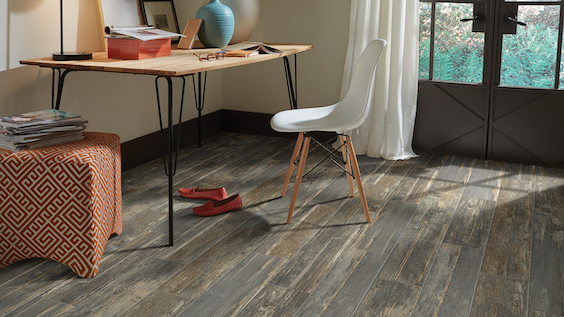 Wood look tile flooring in a home office
